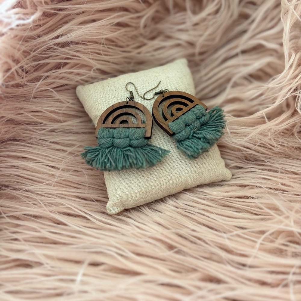 Wooden Rainbow Earrings with Green Tassels